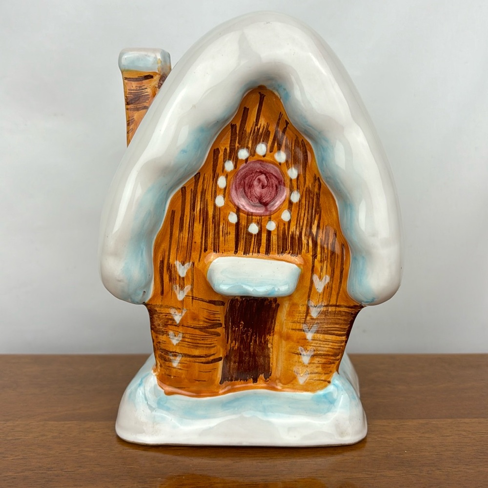 Vintage Italian pottery snowy chalet gingerbread house coin bank